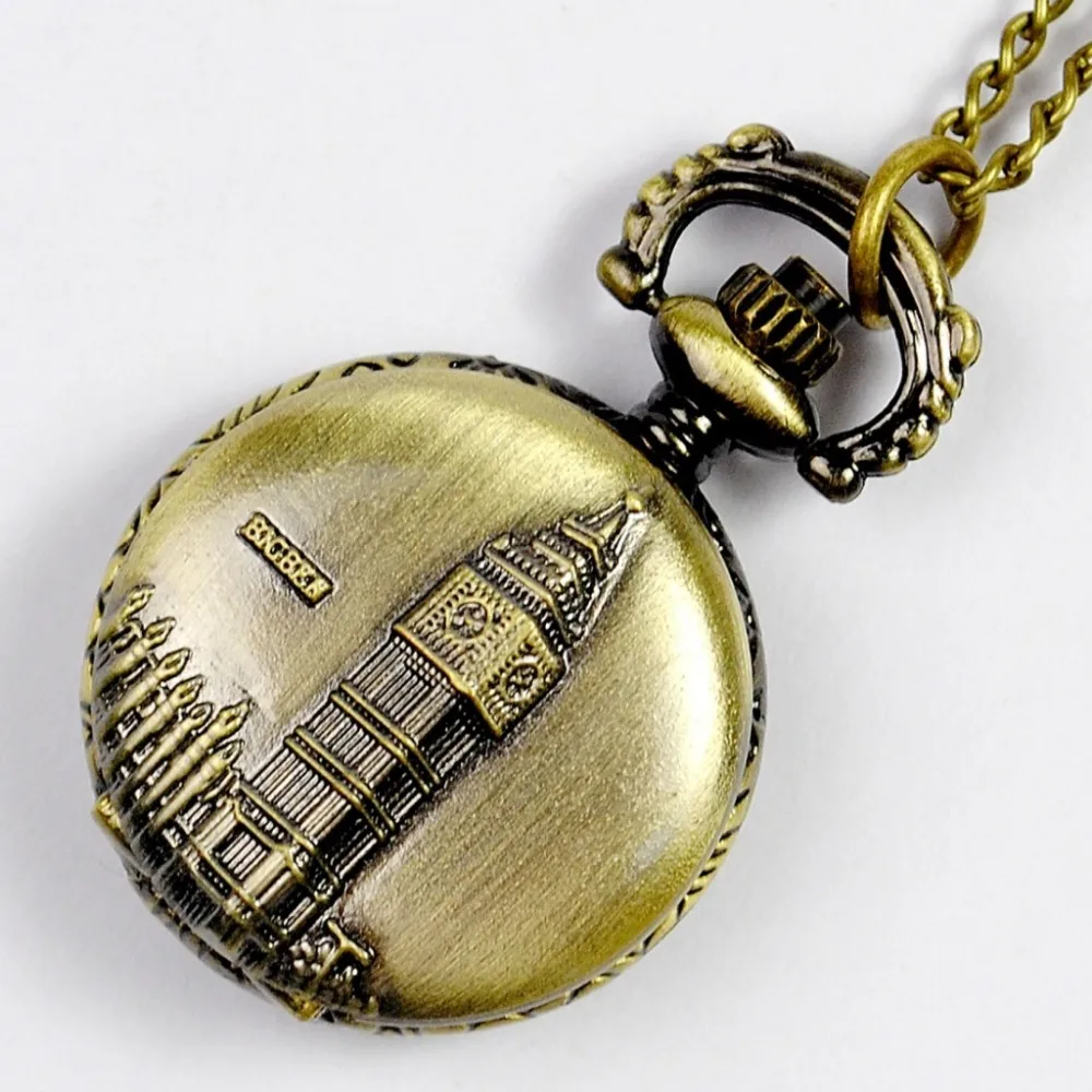 6043 Brittannië Big-Ben Bell Tower Reliëf Pedant Horloge Vintage Mannen Vrouwen Ketting Zakhorloge Brons Gift Memorial Fob horloge