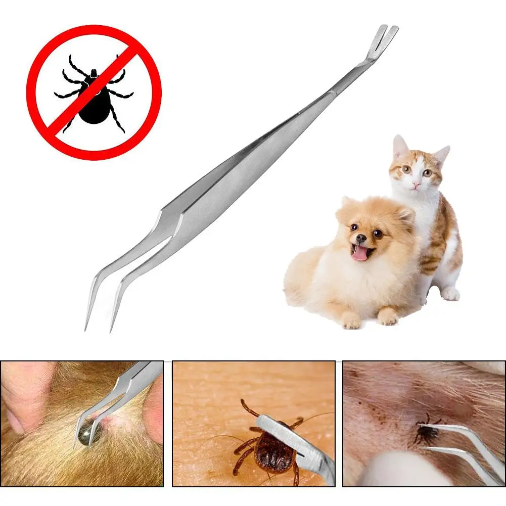 Pinzas de acero inoxidable 2 en 1 para eliminar garrapatas, herramienta profesional para tratamiento de pulgas de mascotas, suministros para perros y gatos