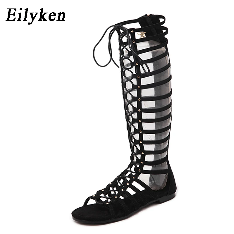 Eilyken Designer sandali da donna Strappy Open toe Knee High Summer Gladiator sandali piatti fasciatura romana stivali Casual scarpe