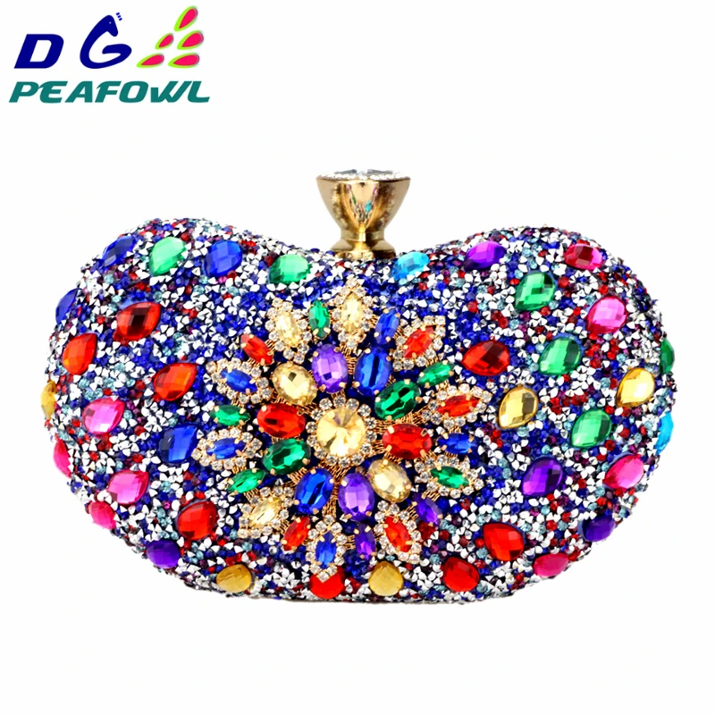 DG – pochette en forme de fleur de paon pour femme, sac à main de luxe avec chaîne en cristal, 5 couleurs, deux côtés, portefeuille à bandoulière en diamant pour soirée et mariage