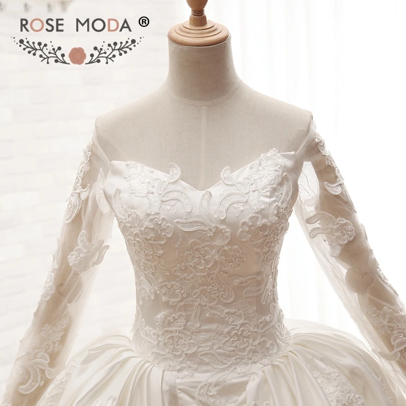 Rose Moda Real Photos Luxury Long Sleeves Wedding Ball Gown with 3M Royal Train Heart Shape Back Custom Make