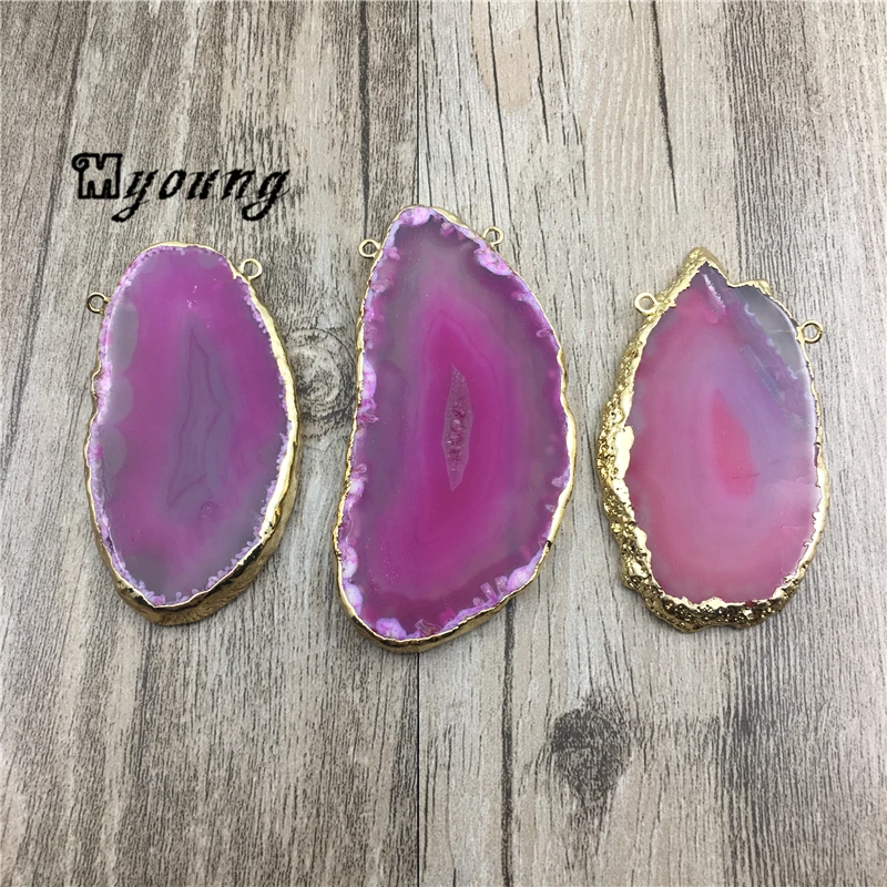 

Large Pink Banded Agates Druzy Slice Connector Pendant,Stripped Agates Slab charm With Gold Edges and Bails MY1500