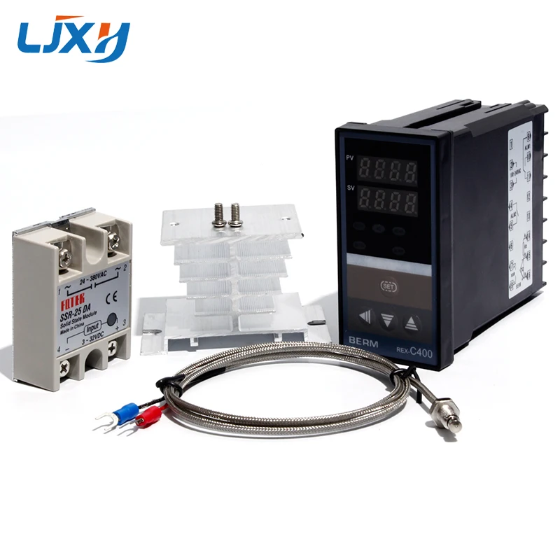 LJXH Dual Digital PID Temperature Controller REX-C400 + 25DA/40DA/75DA Solid State Relay + 1m M6 Thread K Thermocouple+Heat Sink