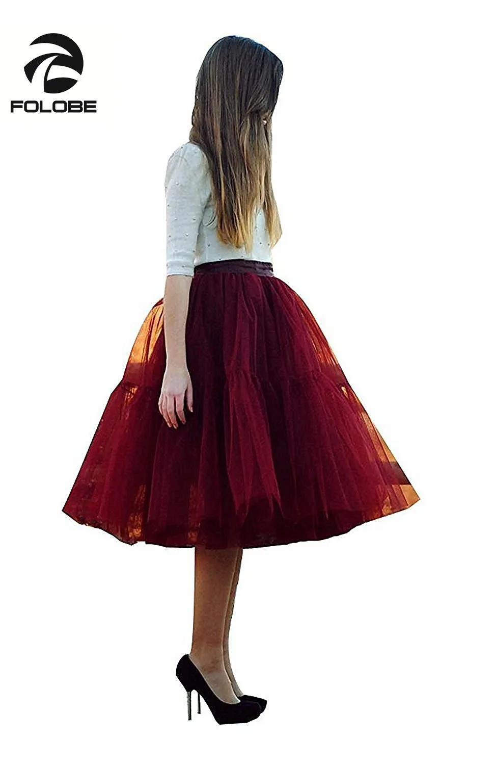 FOLOBE Wine Red Midi Long Tutu Tulle Skirts Womens Pleated Skirt Casual Lolita Petticoat faldas mujer saias Jupe