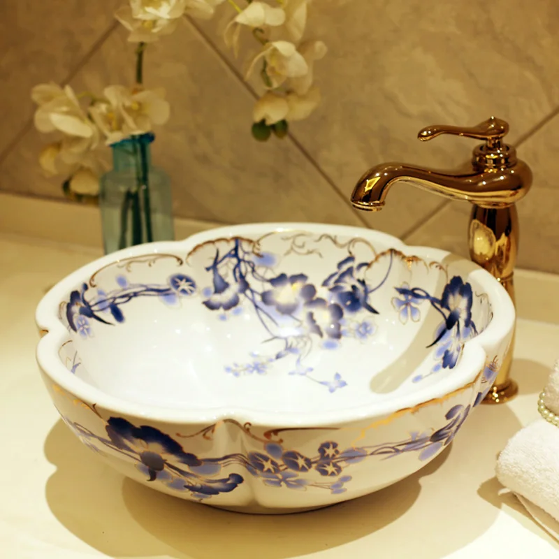 

Flower Shape Europe Vintage Style Ceramic Washing Basin Bathroom Counter top Bathroom Sink blue and white ceramic wash basin