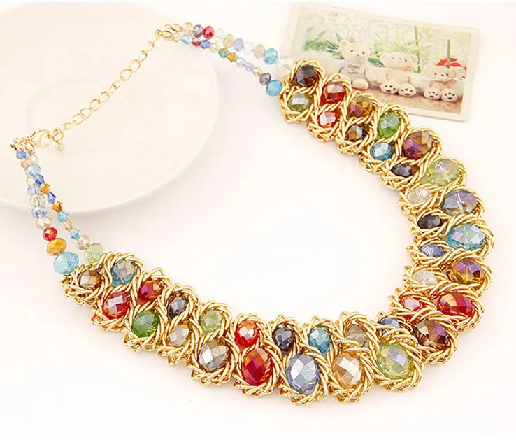 Kymyad Bijoux Femme Trendy Chunky Statement Necklace Women Double Line Crystal Beads Necklaces & Pendants Maxi Necklace