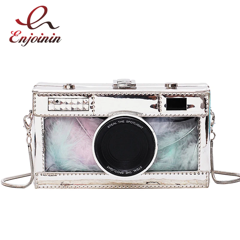 

New Camera Design Transparent Colored Feathers Pu Leather Ladies Chain Purse Daily Clutch Shoulder Bag Tote Women Pouch Handbag