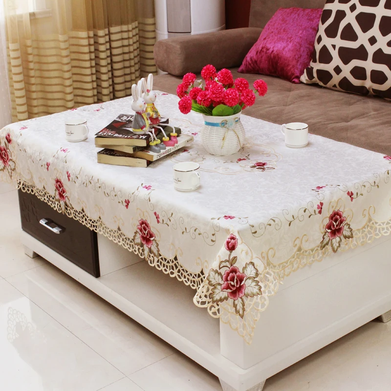 Home hotel dining wedding White Red Table Cloth with Lace Embroidered Floral Rectangular Tablecloth to table covers