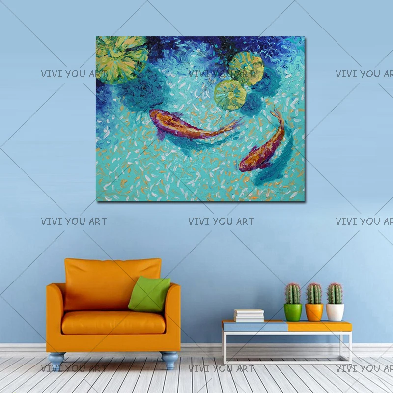 Handmade thick knife Chinese Fish Carps Modern Abstract Fine Artwork Canvas fresh Bedroom artwork Wall Oil Painting Home Decor