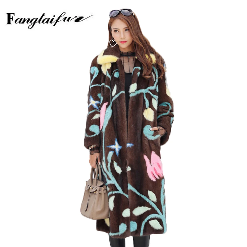 

Ftangaiur Winter Women Jacket Import Mink Fur Coat Print Turn-Down Collar Slim Causal Women's Real X-Long Mink Fur Coats