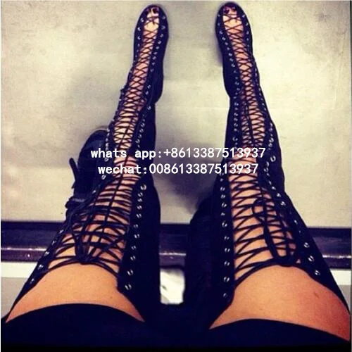 

Sexy Black High Heels Gladiator Shoes Woman Peep Toe Lace Up Thigh High Boots Summer Cut Outs Feminina Bota Over The Knee Sandal