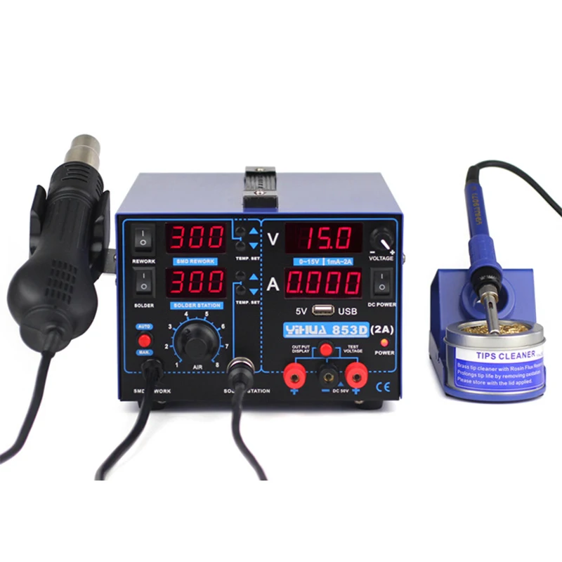 YIHUA 853D Rework Soldering Station 3 IN 1 SMD Soldering Iron Hot Air Gun With 5V 2A USB DC Power Supply BGA Welding Repair Tool