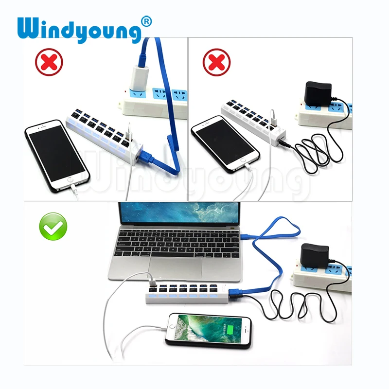 Windyoung ฮับ USB 3.0ความเร็วสูง7พอร์ต USB 3.0 Hub พร้อม EUPower Adapter Multi USB Splitter On/Off สำหรับแล็ปท็อป MacBook PC