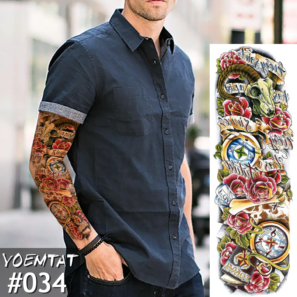 Temporary Tattoo Sticker Clock rose Full Flower Tattoo with Arm Body Art Big Large Fake Tattoo Sticker