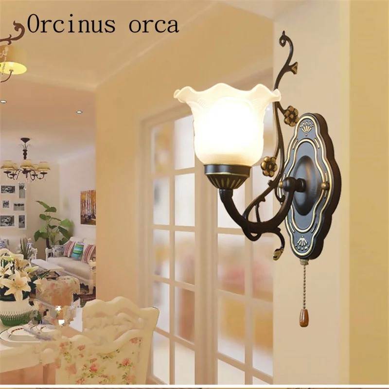 

European iron simple rural bedside wall corridor bedroom living room dining room creative American wall lamp single head