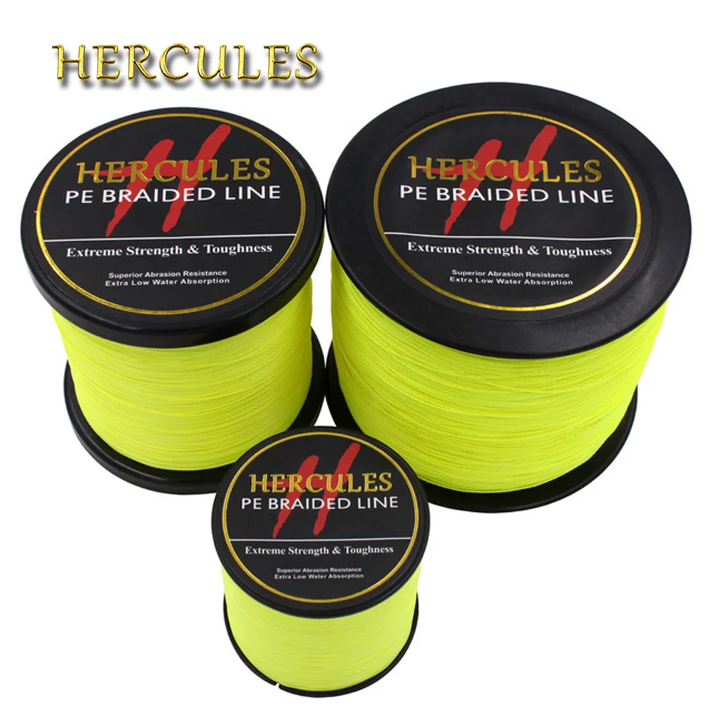 Hercules PE Braided Fishing Line Fluorescent Yellow Multifilament Fishing Cord Strong 4 Strands 100M 300M 500M 1000M 1500M 2000M