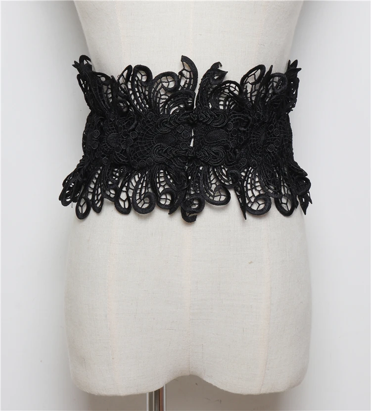 

2019 Brand Lace Elastic Waistband Women White Black Lace Hollow Out Wide Corset Girdle Strech Elegant Ladies Dress Waist Belts