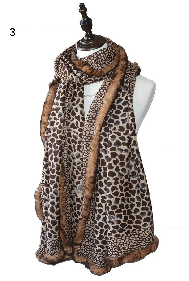 

Sexy Leopard Dot scarf with real rex rabbit fur trimmed Shawl Scarf Autumn Winter Wraps and Scarves Ladies Fashion wool F112
