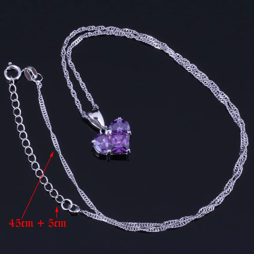 Delightful Heart Shaped Purple Cubic Zirconia Silver Plated Jewelry Sets Earrings Pendant Chain Ring V0977