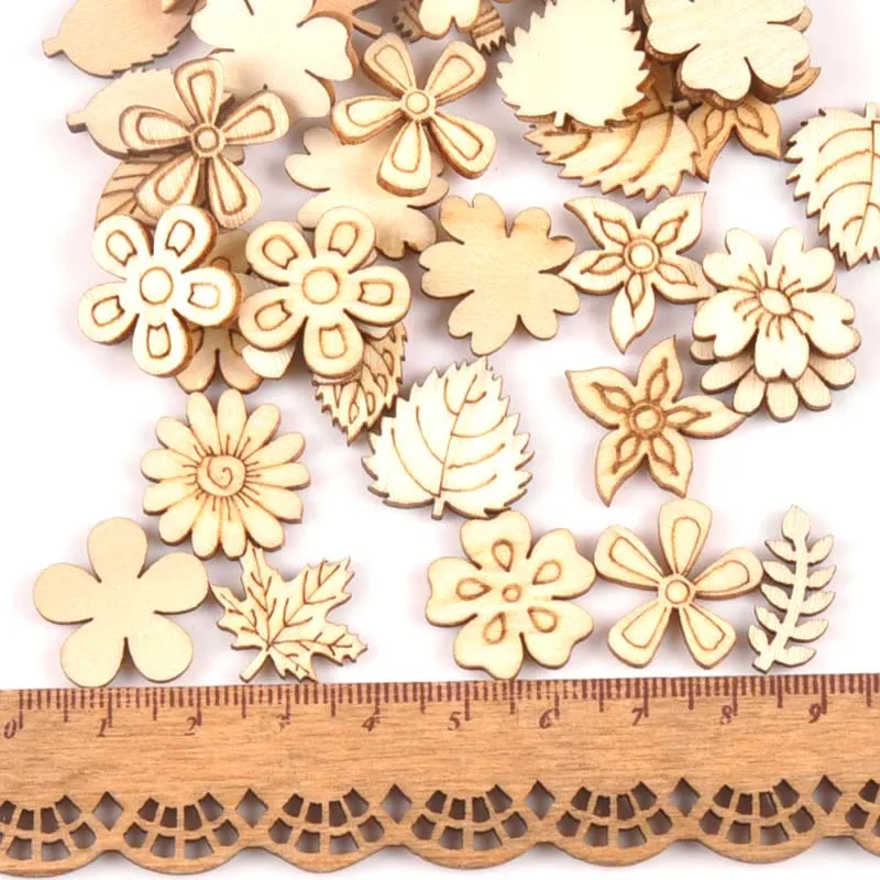 50Pcs Mix Plant/Flower/grass Shape Natural Wooden For Handmade DIY Crafts Wood Ornament Scrapbooking Home Decoration 20mm m1805