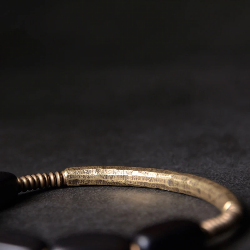 Hammered Brass Ebony Rosary Beads Bracelet Black Wood Spiritual  Male Female Wristbands For Men Women Metal Wrist Ornament