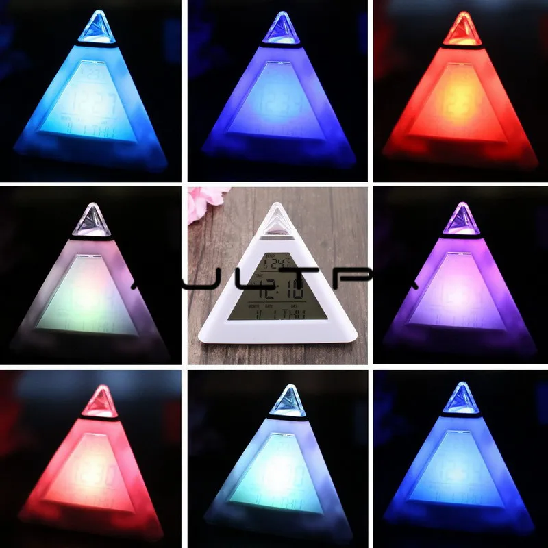 

7 LED Color LCD Alarm Clock Pyramid Digital Thermometer Clock Time Display desktop Clock Luminova electronic digital alarm clock