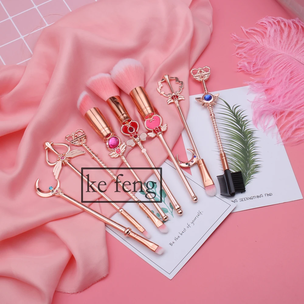 Hot Anime Cosmetic Makeup Brushes Set Tools Kit Eye Liner Shader Foundation Powder Natural-Synthetic Pink Hair