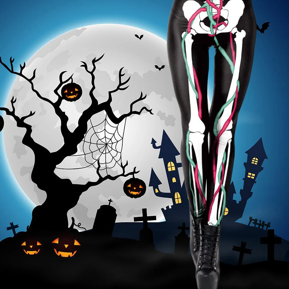 New Sexy Halloween 3D Skull Leg Bones Print Punk Leggings Women Cosplay Zombie Slim Legging Horror Pumpkin Head Print Legging