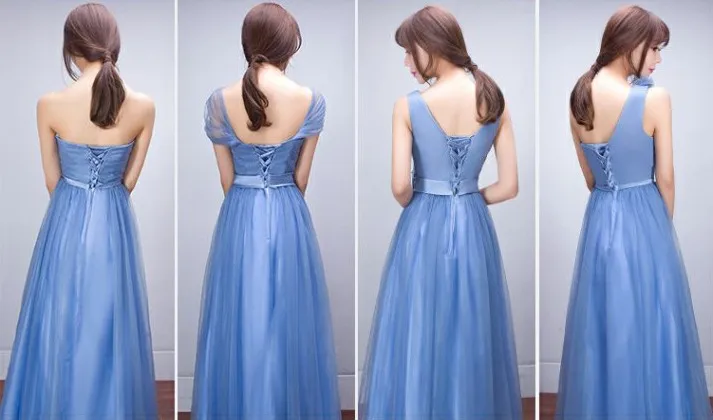 N085 Women Long Pink Blue Bridesmaid Dresses Tulle Lace Up Wedding Party Vestido Femme Graduation Formal Gown Lday Prom Dress