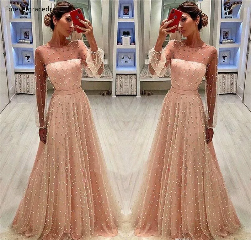 Long Sleeves Peach Pink Evening Dresses A Line Formal Women Holiday Wear Celebrity Party Gowns Plus Size Custom Made