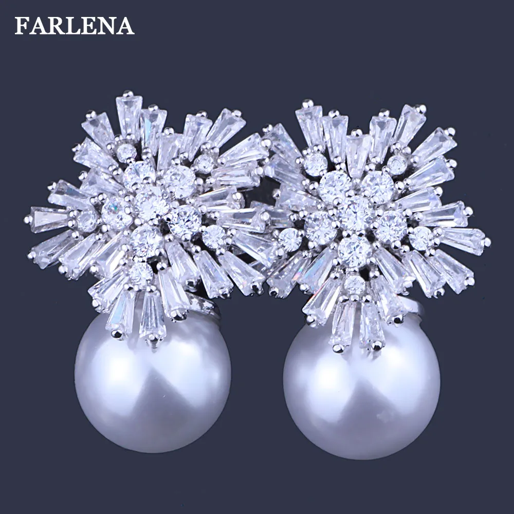 

FARLENA Jewelry Snowflake Zircon Stud Earrings Fashion Double Simulated Pearl Earrings for Women Gift