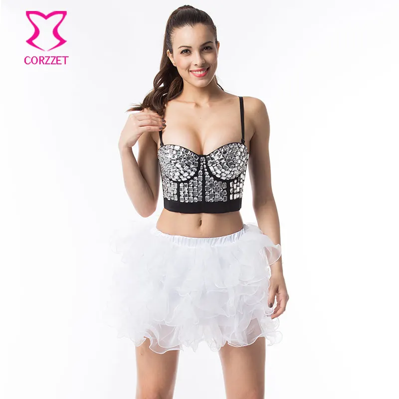 

Corzzet Punk White Resin Gems Crystal Beading Punk Bra+Skirt Push Up Brassiere Dress Set Plus Size Women Clubwear Gothic Clothes