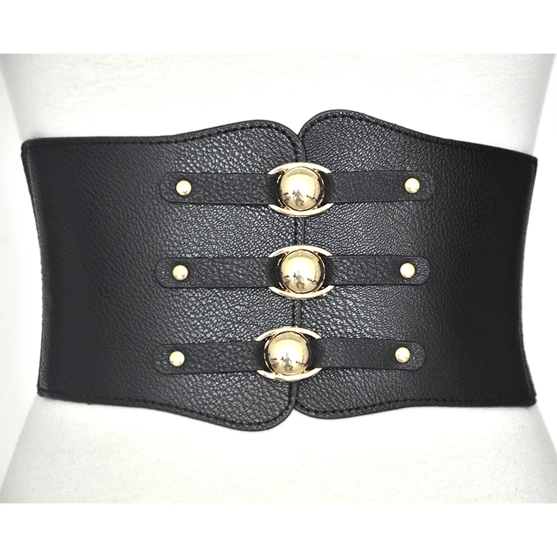 2018 Fashion Black Three Buckle Wide Waistband Belt Ladies Faux Leather Cummerbund Dress Bow Belt With Gold Metal Buckle Bg-281