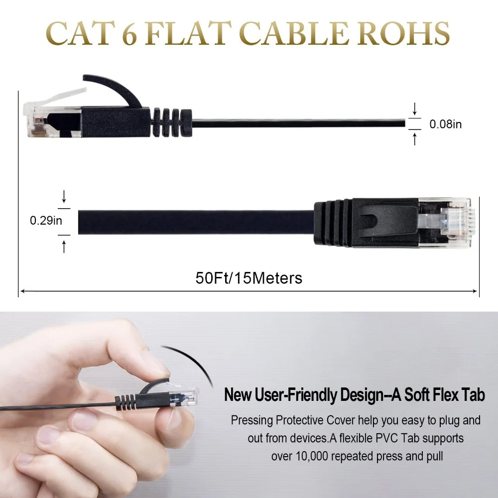 2ft 3ft 6ft 10ft 15ft 30ft 45ftCAT6 Flat Ethernet Cable RJ45 Lan Cable Networking Ethernet Patch Cord for Computer Router Laptop