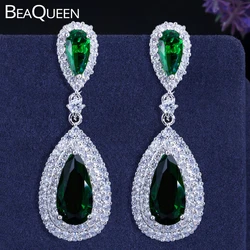 BeaQueen Gorgeous Big Long Dangle Tear Drop Stone Earrings Green Cubic Zircon Silver Color Bridal Wedding Jewelry for Women E285