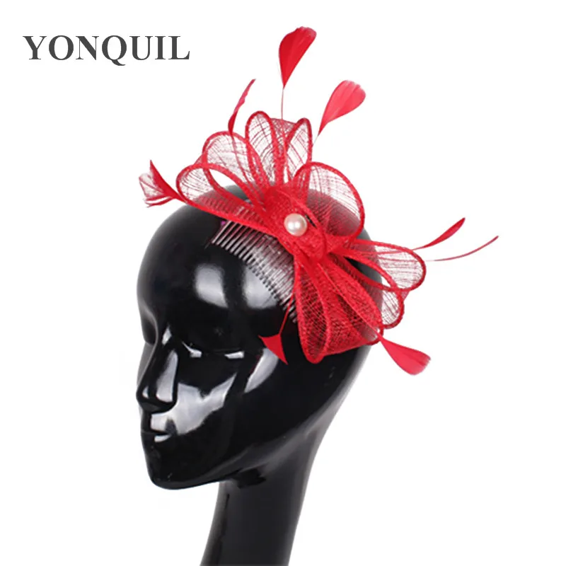 

Elegant Sinamay Women Vintage Bow Fascinator Wedding Headwear Party Tea Hair Combs Accessories Female Feather Fedora Hats