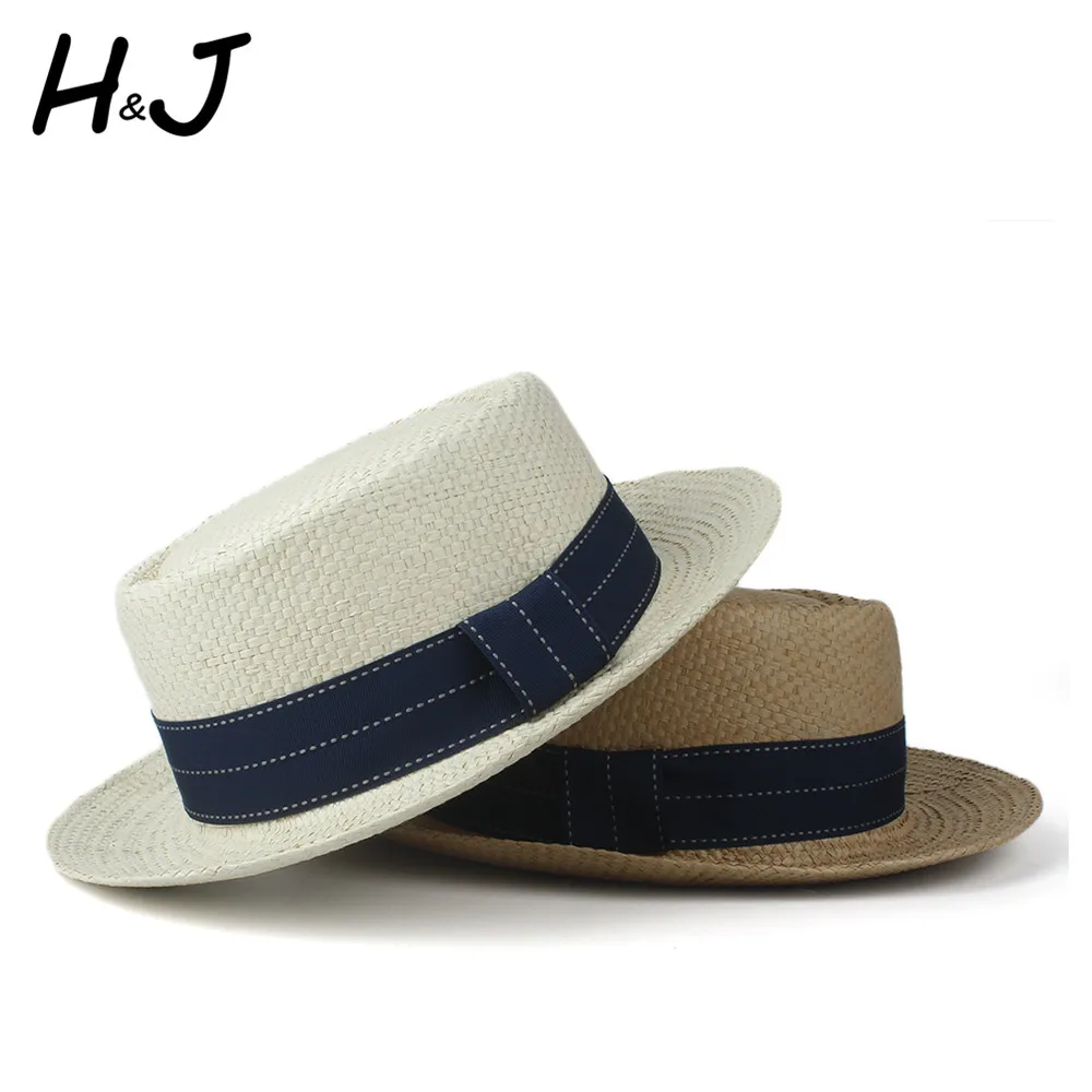 100% Straw Women Men Sun Hat Summer Pork Pie Hat Sunbonnet Hat Lady Flat Boater Beach Panama Sunhat Beach Hat Size 57-60CM