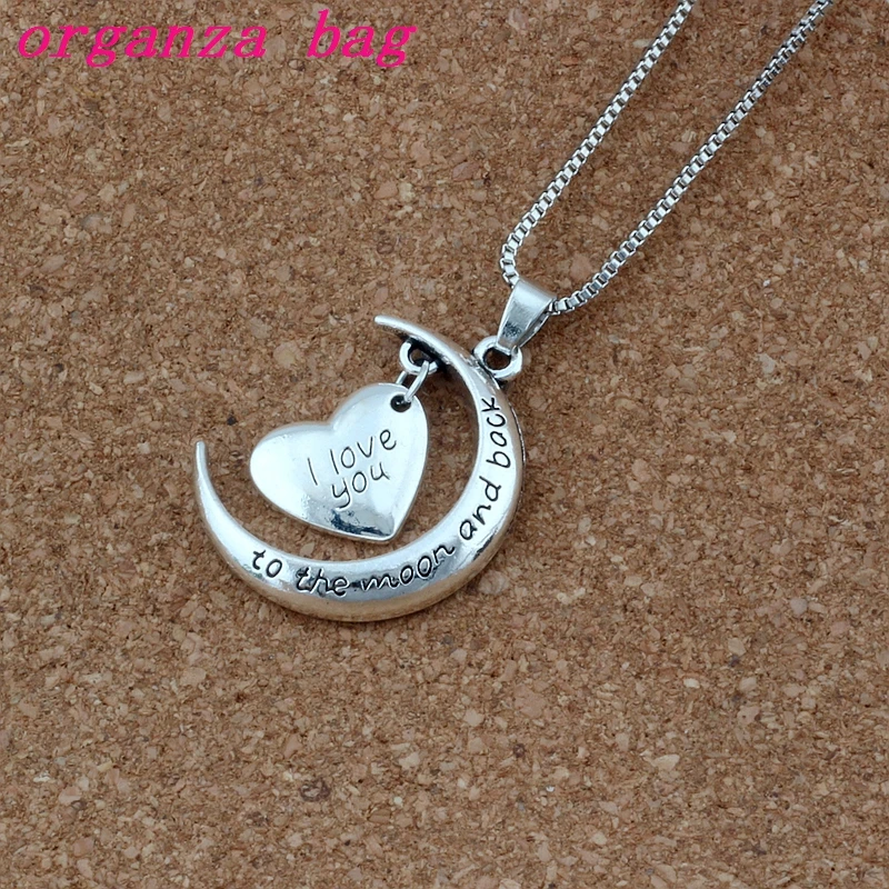 10pcs New Antique Silver & Silver Plated Crescent Moon Heart Charm I Love YouTO The Moon And Back Necklace T-24