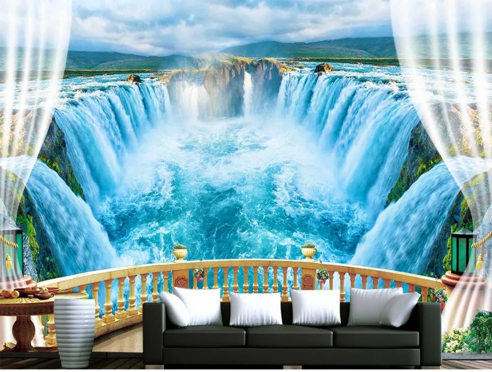 

Custom photo wallpaper 3D stereoscopic Balcony blue lake landscape Waterfall Home Decoration