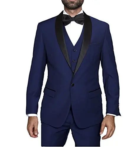 

High Quality One Button Blue Groom Tuxedos Peak Lapel Groomsmen Mens Wedding Prom Suits (Jacket+Pants+Vest+Tie) NO:54