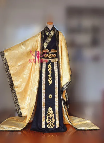 Gorgeous Emperor Black Gold Color Male Costume for Photography COS hanfu Wide Sleeve Dragon Pattern Costume with Tail