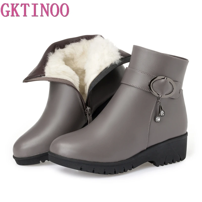 GKTINOO Snow Boots Soft Leather Women\'s Shoes Mother Ladies Female Winter Wool Fur Wedges Warm Boots Plus Size 35-43