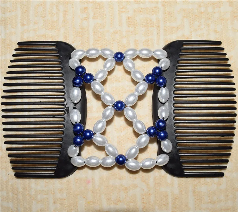 100 PCS/LOT Blue and pearl hot sale  elastic beaded double twin headwear magic hair comb clips for woman fashion jewlery