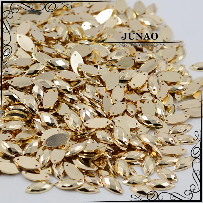 JUNAO 7*15 مللي متر الخياطة الذهب الاكريليك حجر الراين زين شقة الظهر الذهبي الأحجار الكريمة الحصان العين كريستال حجر خياطة على ستراس للملابس