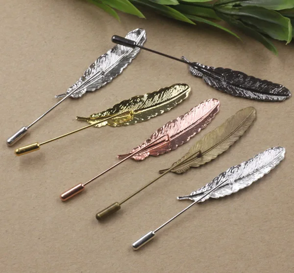 40pcs 50mm Gold/silver color Copper Material Leaf/Feather lapel pin brooch for men suits long stick safety pin wedding jewelry