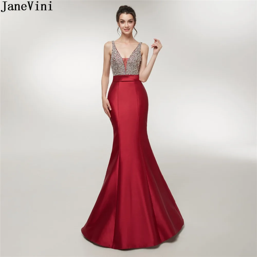 

JaneVini Sexy V Neck Mermaid Burgundy Mother of The Bride Dresses Satin Sparkle Sequins Beaded Luxury Pageant Long Evening Gowns