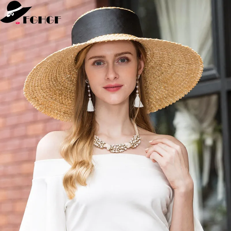 New Fashion Women Sun Hat Natural Straw Large Wide Brim Summer Casual Beach Hat Elegant Ladies Floppy Kenturky Derby Hat