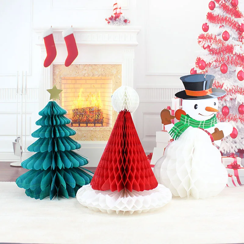 100pcs Christmas Tree Hat Snowman Paper Honeycomb Ball Party DIY Decorations Xmas Pendant Drop Ornaments Supplies ZA4895