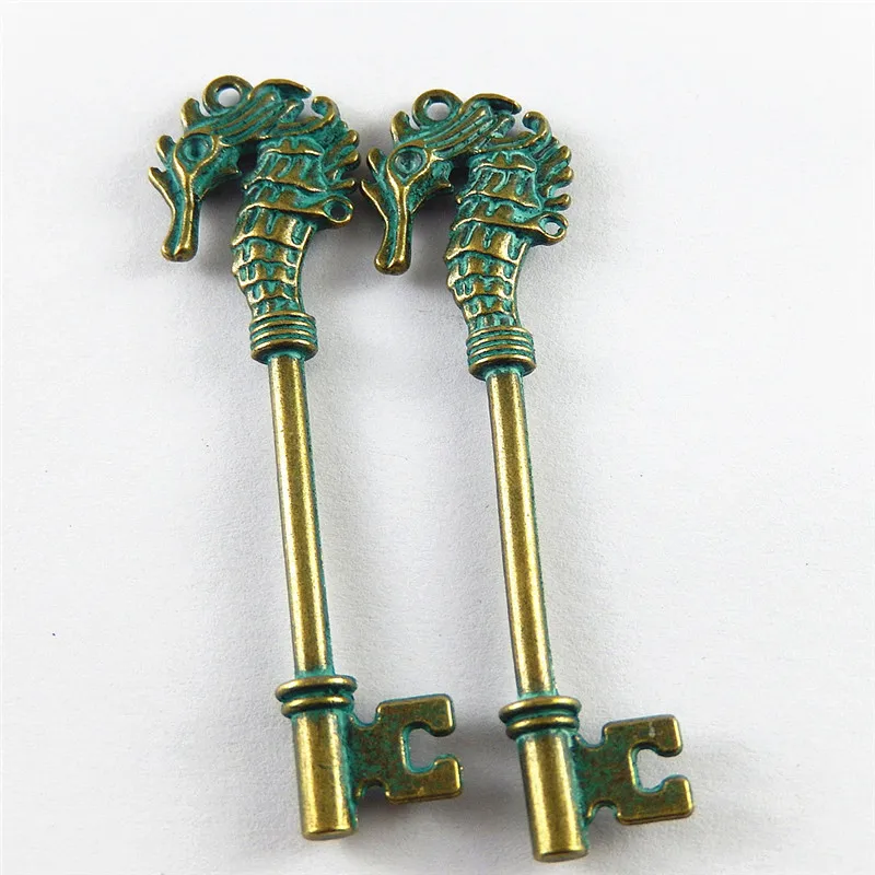 Julie Wang 10PCS Antique Green Bronze Charms Simulated Sea Horse Key Pendants Suspension Jewelry Findings Necklace Accessories