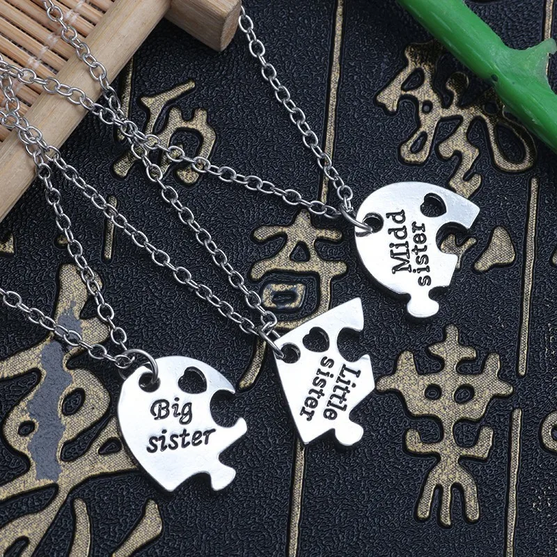 3Pcs Big Sister Middle Sister Little  Necklace Women Hollow Heart Puzzle Sis Friend Pendant Family Jewelry Gifts image 4